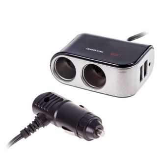 Автомобильный разветвитель прикуривателя на 2 гнезда с USB с удлинителем - PULSO SC-2069 фото