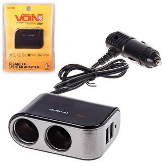 Автомобильный разветвитель прикуривателя на 2 гнезда с USB с удлинителем - VOIN SC-2069 фото