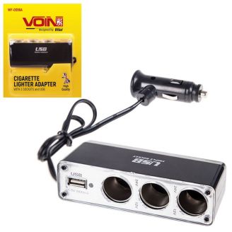 Автомобильный разветвитель прикуривателя на 3 гнезда с USB с удлинителем - VOIN WF-0096A фото