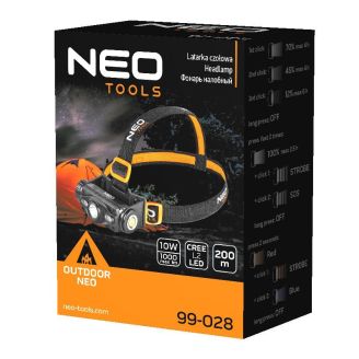 Фонарь налобный Neo Tools, 1000 люмен, 10Вт, USB, 2000 мАч, CREE L2 LED + LED, 6 функций освещения + фото 2