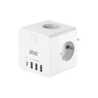 Сетевой адаптер 2E 4XSchuko с защитой от импульcных скачков напряжения, 3*USB-A, 1*USB-C, white фото