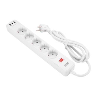 Мережевий фільтр 2E 5XSchuko із захистом від імпульсних стрибків напруги, 3G*1.5мм, 3*USB-A, 2м, white фото