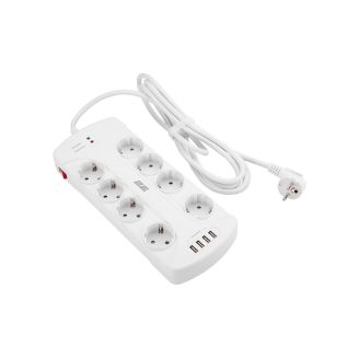 Сетевой фильтр 2E 8XSchuko с защитой от импульcных скачков напряжения,  3G*1.5мм2, 4*USB-A, 3м, whit фото