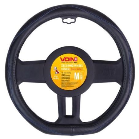 Чехол руля VLOD-LF2161 BK R/BL M черн/БО/один шов/кожа/flat фото