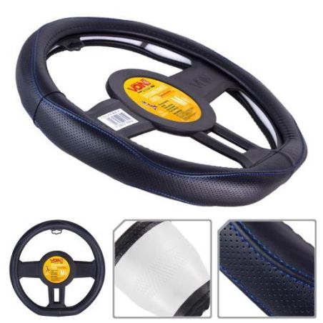 Чехол руля VLOD-LF2161 BK R/BL M черн/БО/один шов/кожа/flat фото