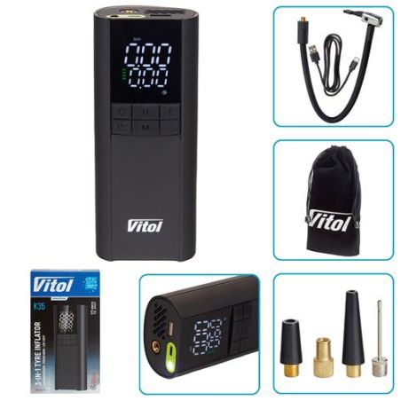 Аккумуляторный компрессор для авто Vitol K-35 20 л/мин 8000 mAh (повербанк, фонарик), купить в Украине