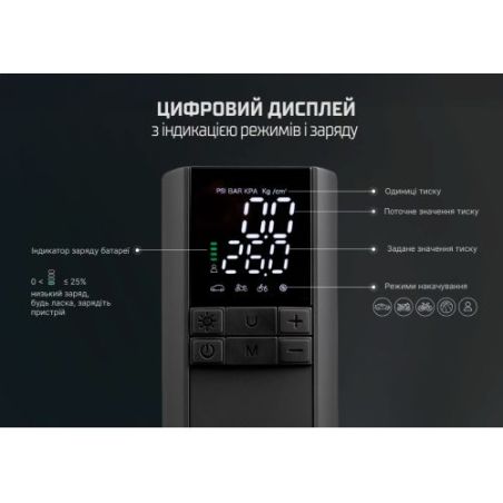 Аккумуляторный компрессор для авто Vitol K-35 20 л/мин 8000 mAh (повербанк, фонарик), купить в Украине