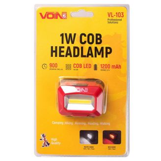 Фонарь налобный VOIN VL-103, 1W-COB (W/R)/АКБ1200mAh/регул. наклона фото 2