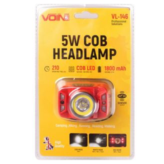 Фонарь налобный VOIN VL-146, 5W-COB+(W/R)+5W XPE/АКБ1800mAh/регул. наклона/сенсор (VL-146) фото 2