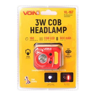Фонарь налобный VOIN VL-167, 3W-COB (W/R)+3W XPE/АКБ800mAh/регул. наклона/сенсор фото 2