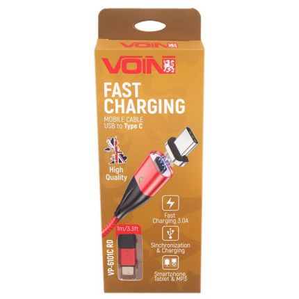 Кабель магнитный VOIN USB - Type C 3А, 1m, red (быстрая зарядка/передача данных) (VP-6101C RD) фото