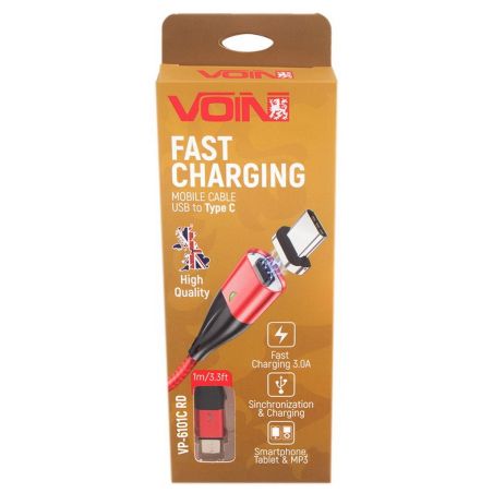 Кабель магнитный VOIN USB - Type C 3А, 1m, red (быстрая зарядка/передача данных) (VP-6101C RD) фото
