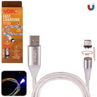 Кабель магнітний Multicolor LED VOIN USB - Type C 3А, 1m, black (швидка зарядка/передача даних) фото