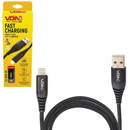 Кабель VOIN CC-4202L BK USB - Lightning 3А, 2m, black (быстрая зарядка/передача данных) фото