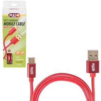 Кабель PULSO USB - Type C 5А, 1m, red (супер швидка зарядка/передача даних) (CC-1101C RD) фото
