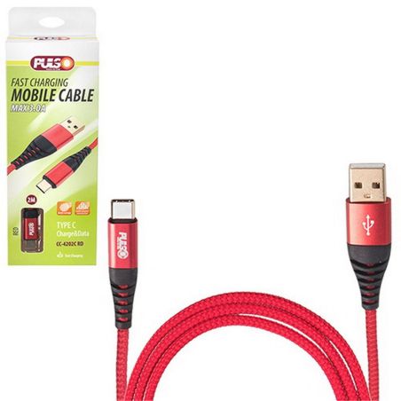 Кабель  PULSO USB - Type C 3А, 2m, red (быстрая зарядка/передача данных) (CC-4202C RD) фото