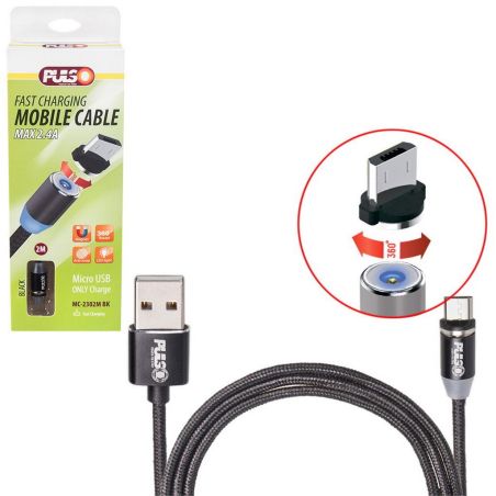 Кабель  магнитный PULSO USB - Micro USB 2,4А, 2m, black (только зарядка) (MC-2302M BK) фото
