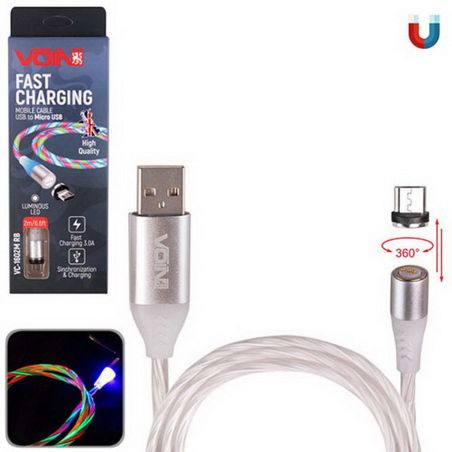 Кабель  магнитный Multicolor LED VOIN USB - Micro USB 3А, 2m, black (быстрая зарядка/передача данных фото