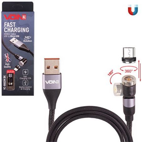 Кабель  магнитный шарнирный VOIN USB - Micro USB 3А, 2m, black (быстрая зарядка/передача данных) (VC фото