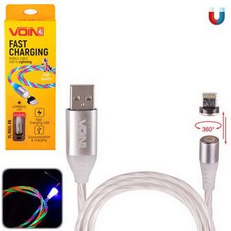 Кабель магнітний Multicolor LED VOIN USB - Lightning 3А, 2m, black (швидка зарядка/передача даних) фото