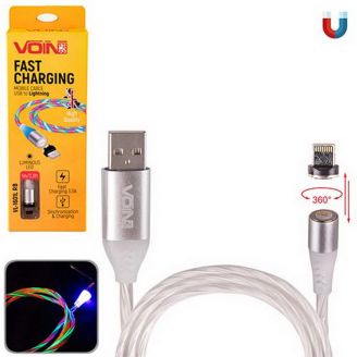 Кабель магнітний Multicolor LED VOIN USB - Lightning 3А, 1m, black (швидка зарядка/передача даних) фото