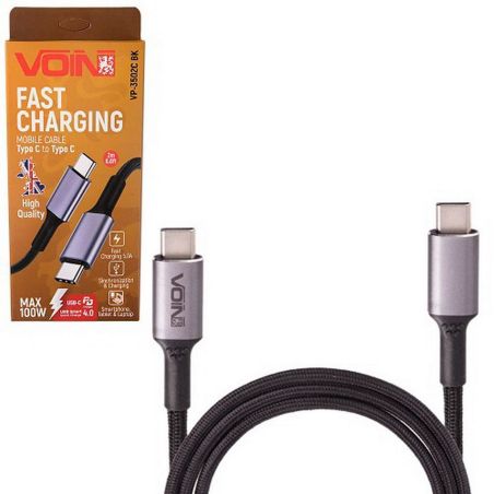 Кабель VOIN VP-3502C BK Type C - Type C 5А/20V, QC4.0/PD 2m, black (быстрая зарядка/передача данных) фото