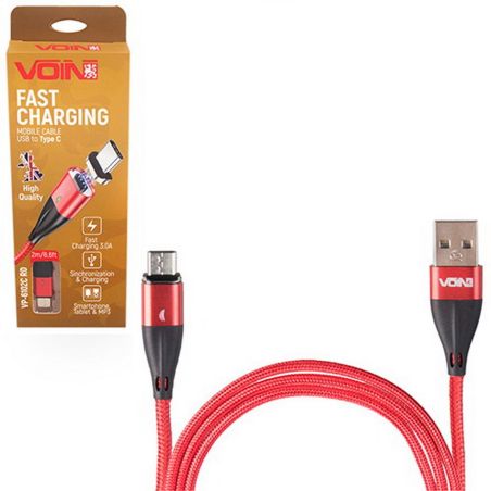 Кабель  магнитный VOIN USB - Type C 3А, 2m, red (быстрая зарядка/передача данных) (VP-6102C RD) фото