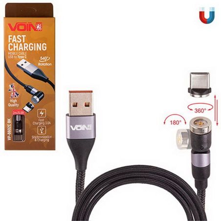 Кабель  магнитный шарнирный VOIN USB - Type C 3А, 2m, black (быстрая зарядка/передача данных) (VP-66 фото